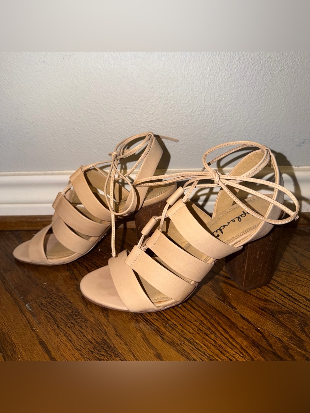Splendid Nude Strappy Block Heel Sandals with Ankle Tie